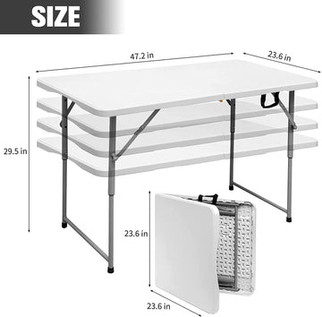 4フィート ホワイト 高さ調節可能 半分に折りたためる プラスチック 屋外用 ピクニック折りたたみテーブル